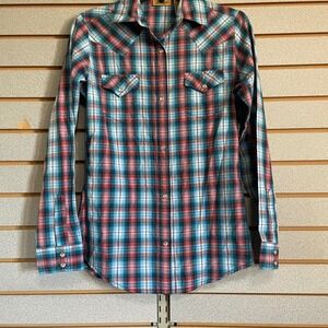 Wrangler Womens XS Plaid Western Shirt Coral Teal Long Sleeve Snap Button
